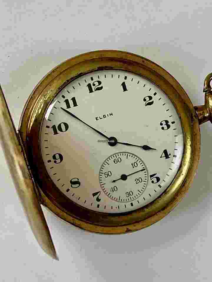 Elgin
                           
                                 Antique Military 14KGold Filled Hunter Case White Porcelain Dial Pocket Watch Made in USA