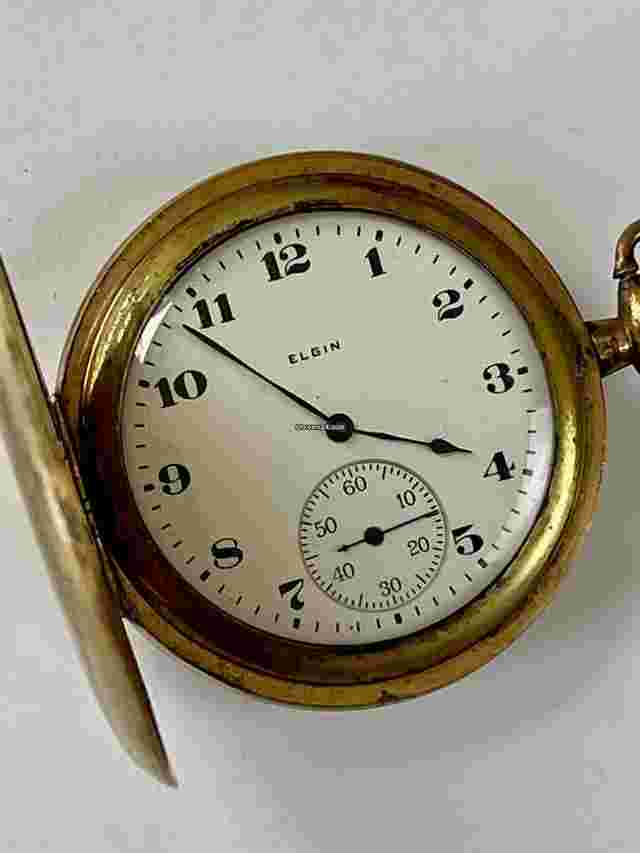 Elgin
                           
                                 Antique Military 14KGold Filled Hunter Case White Porcelain Dial Pocket Watch Made in USA