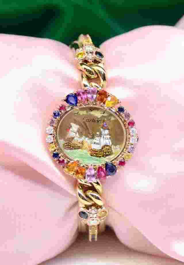 Cartier
                           
                                 Rare Vintage Women Cartier 18K Yellow Gold watch w/Diamonds Rubies Sapphires