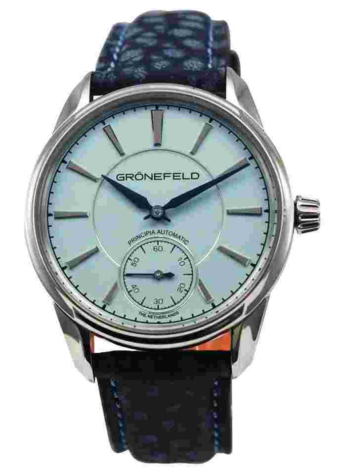 Gronefeld 1941 Principia Automatic in Steel On Blue Leather Strap with Turquoise Dial