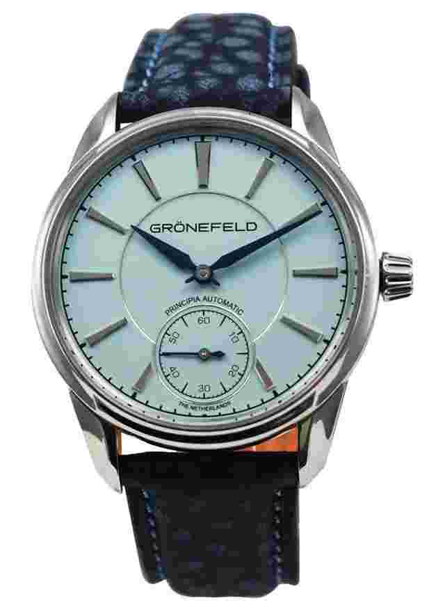 Gronefeld 1941 Principia Automatic in Steel On Blue Leather Strap with Turquoise Dial
