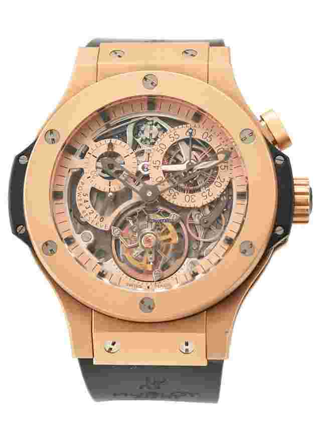 Hublot Bigger Bang
                           
                                 Gold Matt Tourbillon Monopulsante Chronograph in Rose Gold on Black Rubber Strap with Skeleton Dial