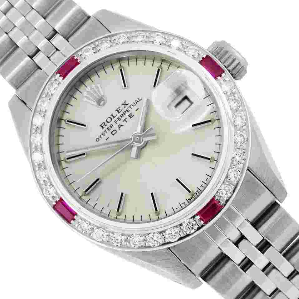 Rolex Oyster Perpetual Lady Date
26MM Silver Index Dial 18K White Gold Beadset Diamond Ruby Bezel With Rolex Box