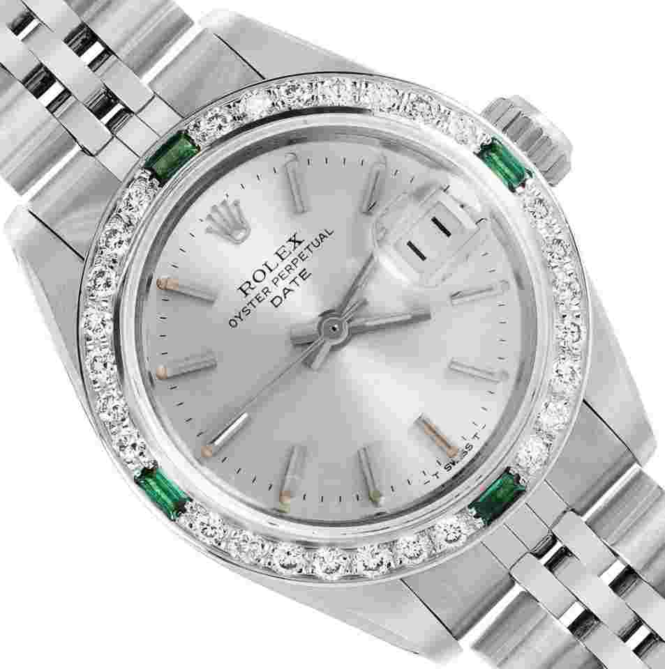 Rolex Oyster Perpetual Lady Date
26 Silver Index Dial 18K White Gold Beadset Diamond Emerald Bezel With Rolex Box