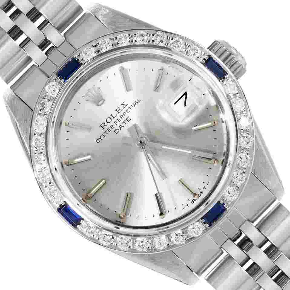 Rolex Oyster Perpetual Lady Date
26MM Silver Index Dial 18K White Gold Diamond Sapphire Bezel With Rolex Box