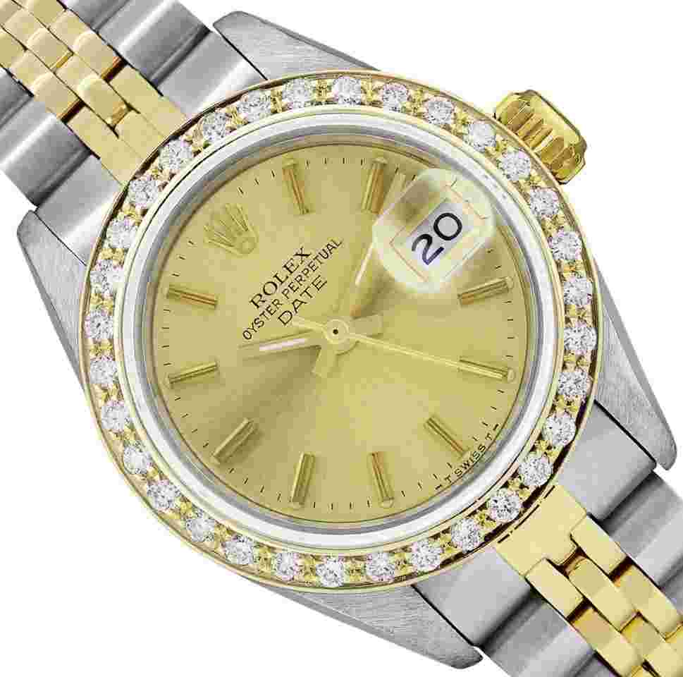 Rolex Oyster Perpetual Lady Date
Ladies Two Tone Date 26 Champagne Index Dial 18K Yellow Gold Diamond Bezel With Rolex Box