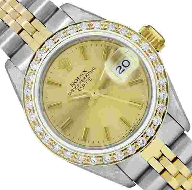 Rolex Oyster Perpetual Lady Date
                           
                                 Ladies Two Tone Date 26 Champagne Index Dial 18K Yellow Gold Diamond Bezel With Rolex Box