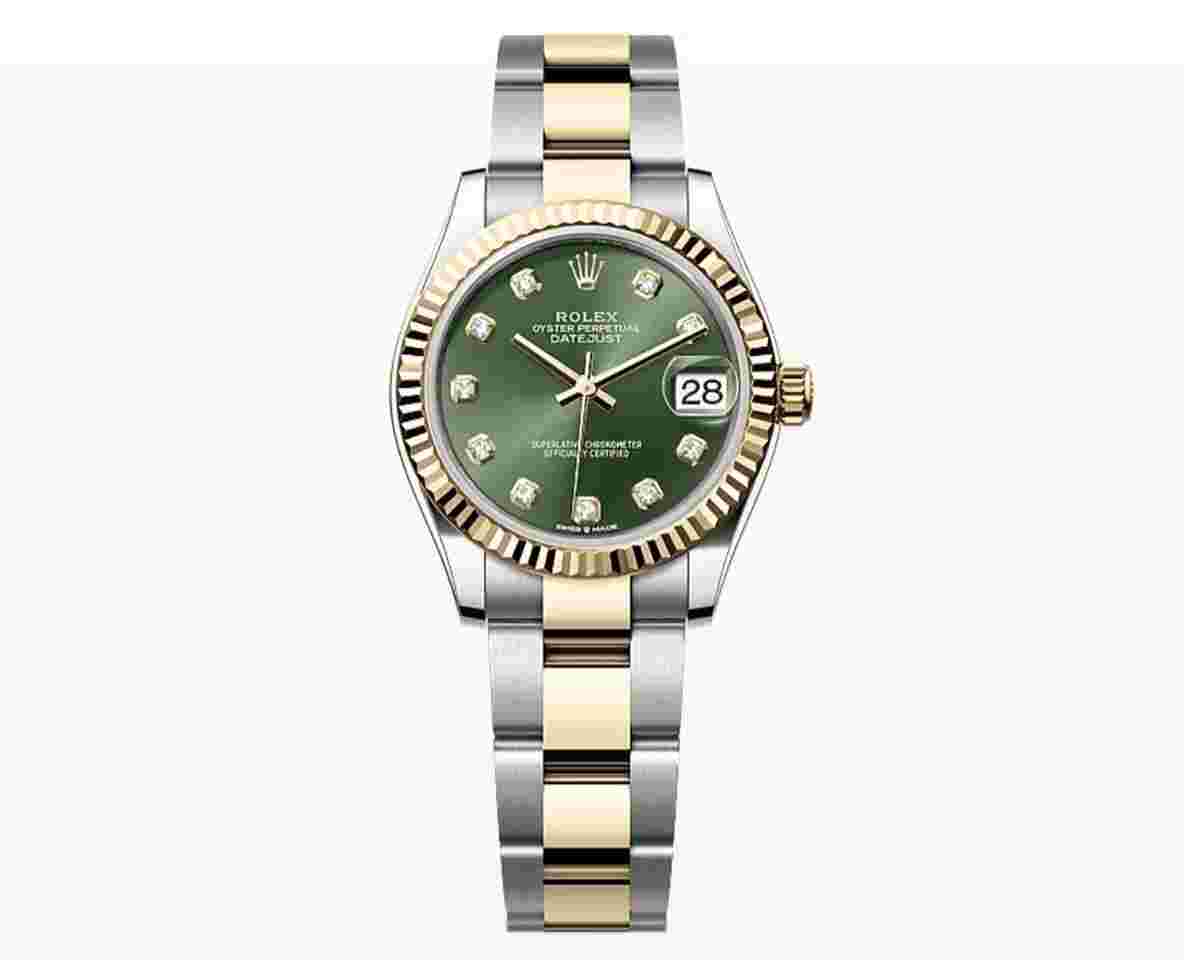 Rolex Datejust 31
NEW 2023 Green Olive Diamond Dial Two Tone Yellow Gold Fluted Bezel Jubilee