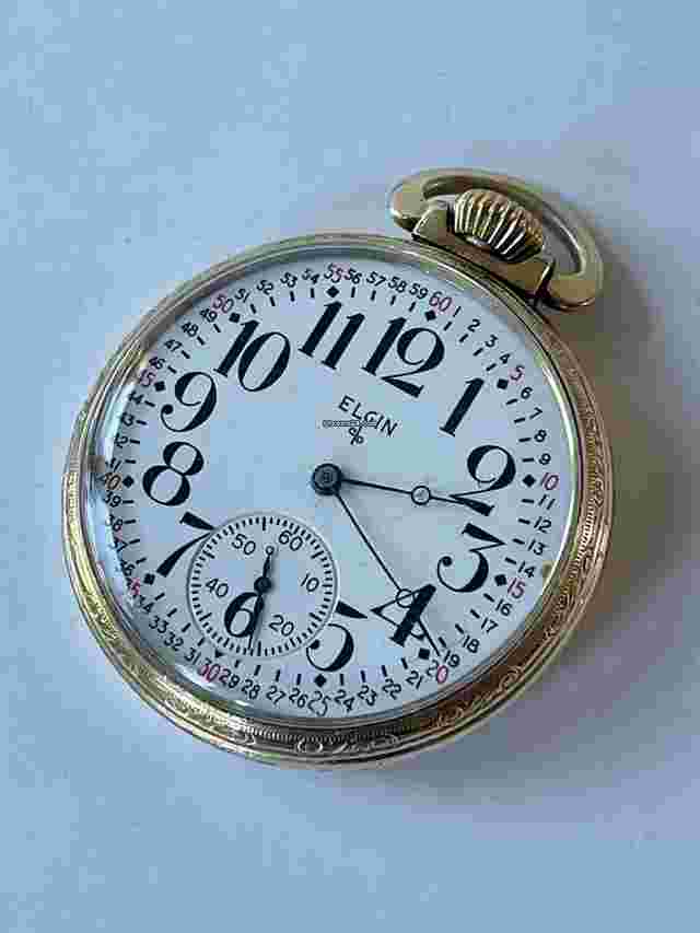 Elgin
                           
                                 Railroad Military Gold Filled Porcelain Montgomery Dial Antique Pocket Watch USA
