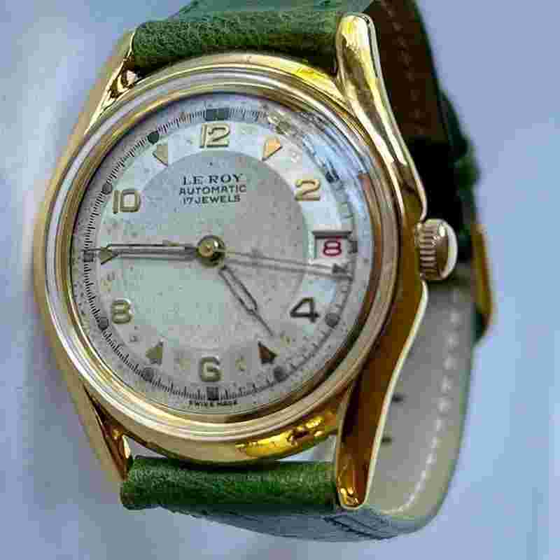 LeRoy Automatic Red Date Pie Pan Two Tone Dial Gold Filled S/S ScrewDown Back Vintage Swiss Made 