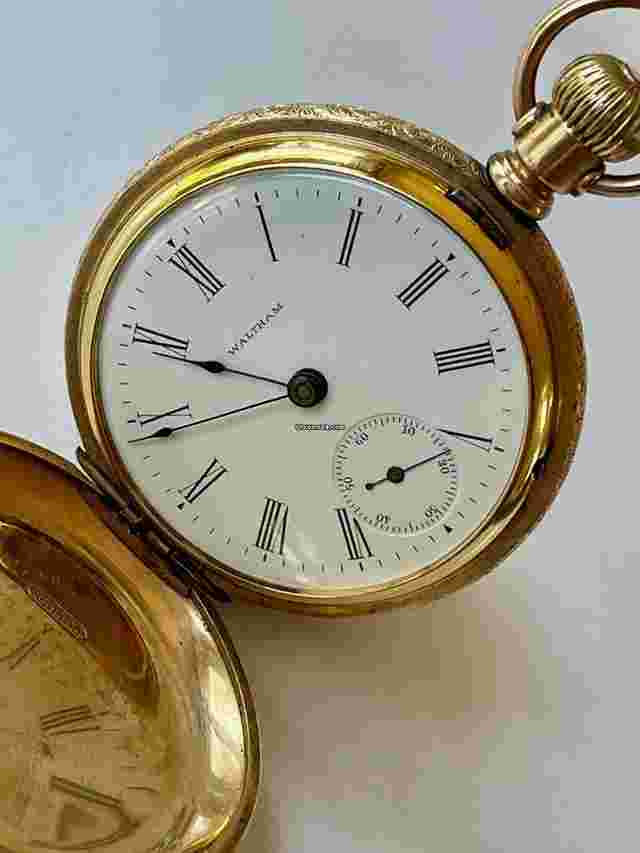 Waltham
                           
                                 Solid10K Gold Hunter Case White Porcelain Dial Roman Numbers Antique Pocket Watch USA