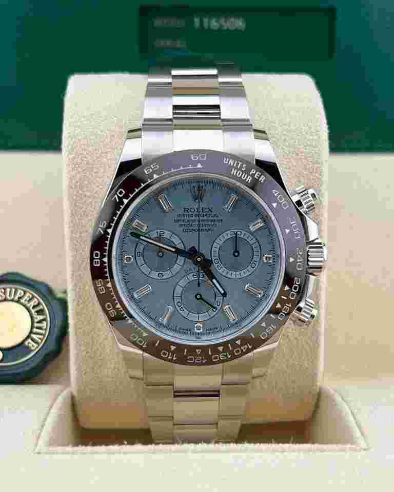 Rolex Daytona
In Stock Daytona Ice Blue Baguette Index 116506 Platinum Oyster Bracelet