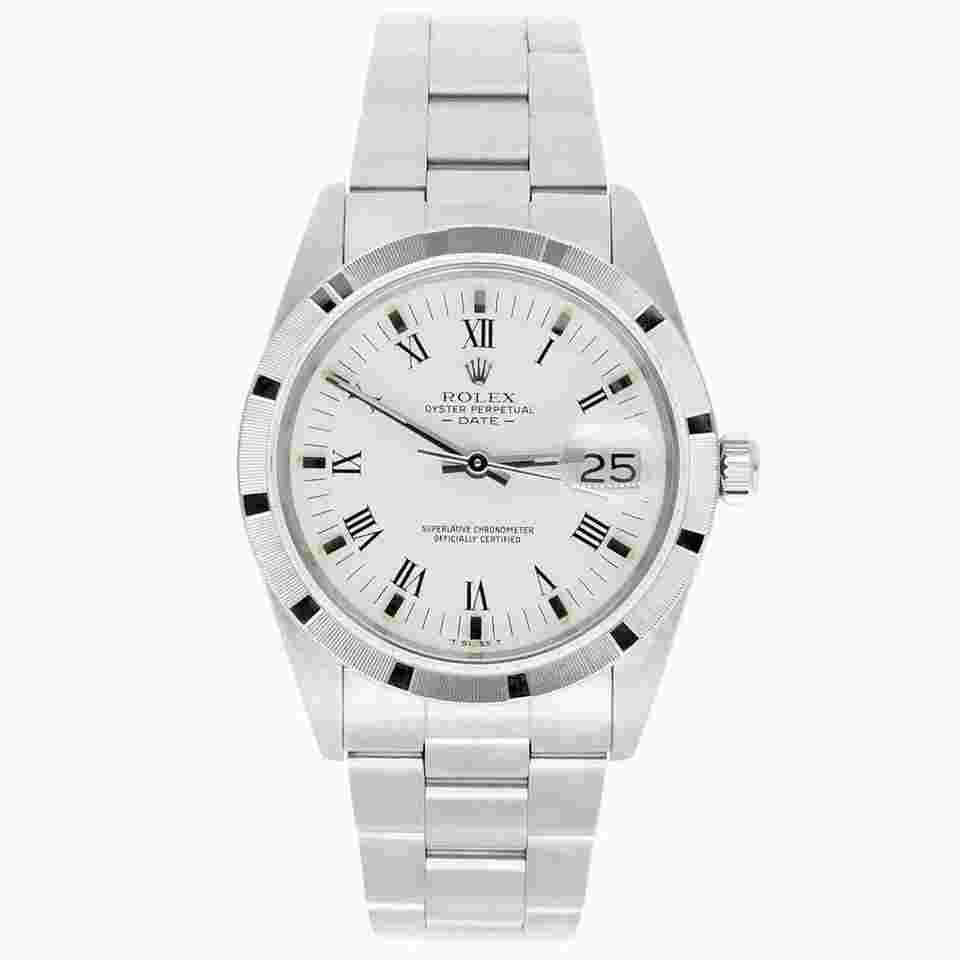 Rolex Oyster Perpetual Date
Unisex Stainless Steel Watch Oyster White Roman Dial 15010 Circa – 1988
