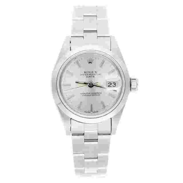 Rolex
                           
                                 Date Silver Dial Oyster Bracelet Stainless Steel Ladies Watch 69160