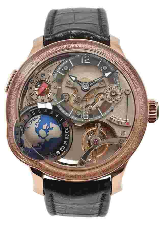 Greubel Forsey GMT
                           
                                 Earth in Rose Gold with Two Year Factory Warranty on Black Leather Strap with Silvered Gold Dial