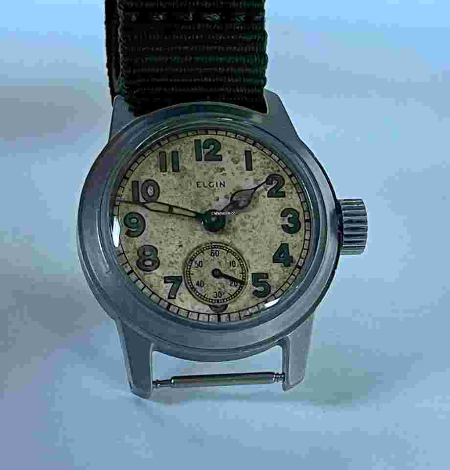 Elgin
                           
                                 US Military Star Case 1917-H Tropical Dial S/Steel Cal 554 15 Jewel WWII Trench Watch