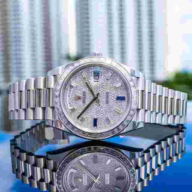 Rolex Day-Date 40
                           
                                 Unworn Day-Date 40mm Platinum with Baguette Bezel 228396TBR Pave Dial