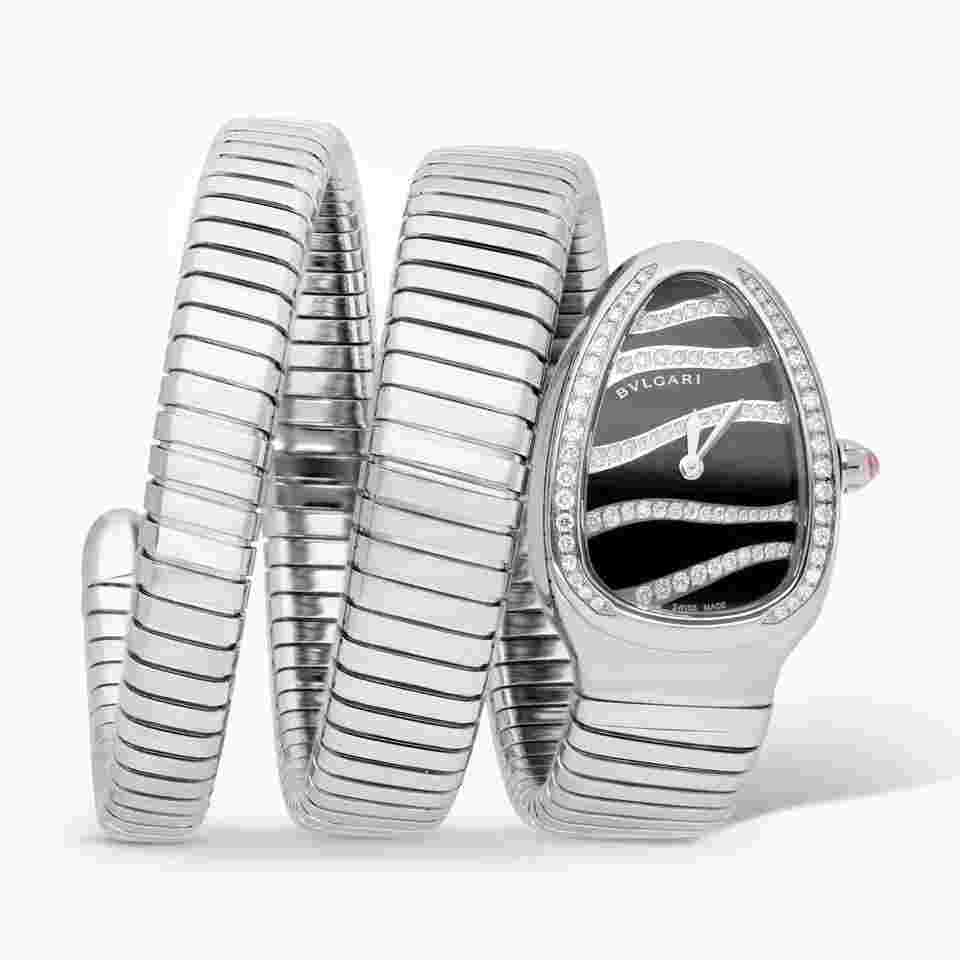 Bulgari Serpenti
                           
                                 Tubogas Black Diamond Dial Stainless Steel 35mm Quartz Ladies Watch