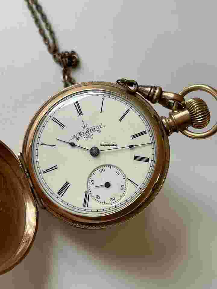 Elgin
                           
                                 Solid 10K Gold Hunter Savonette Antique Pocket Watch White Porcelain Dial Made in USA