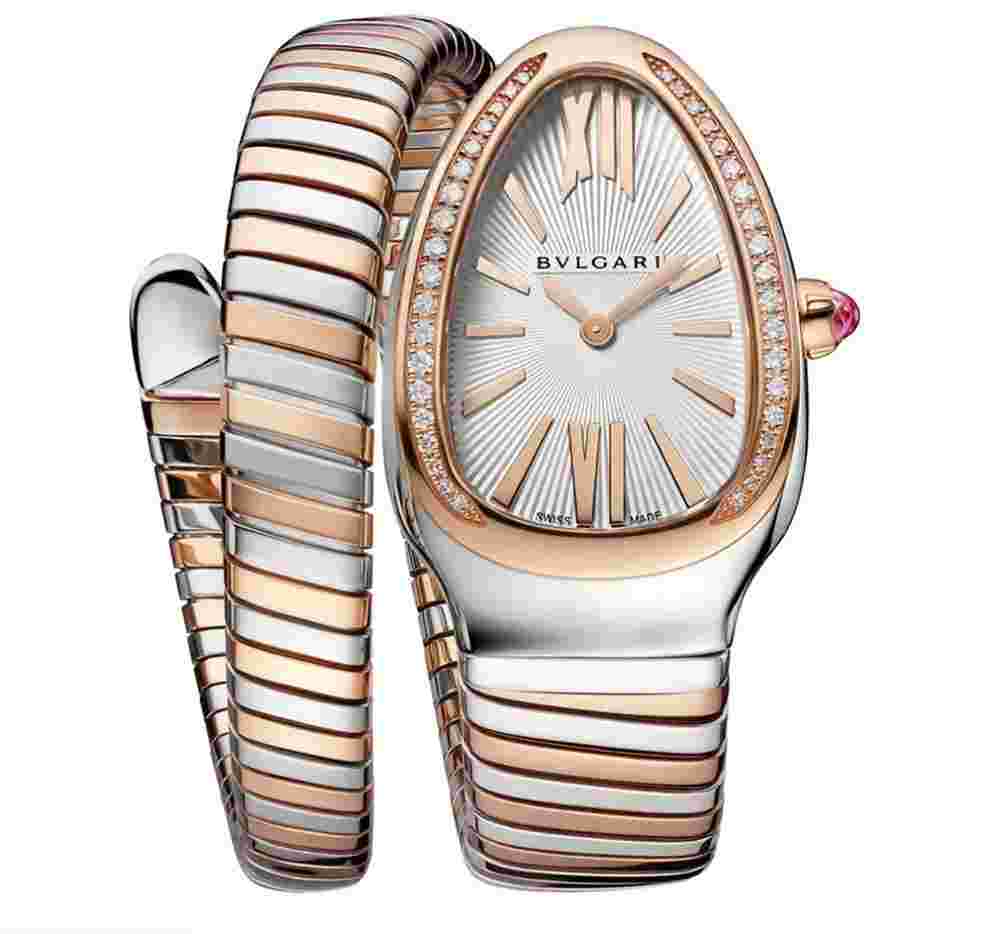 Bulgari Serpenti
                           
                                 Tubogas 35mm Stainless Steel & 18K Rose Gold Diamond Bezel Set White Dial 102237