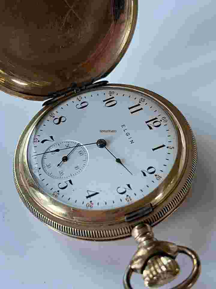 Elgin
                           
                                 14K Gold Filled Hunter Case Savonette Antique Pocket Watch Porcelain Dial Made USA