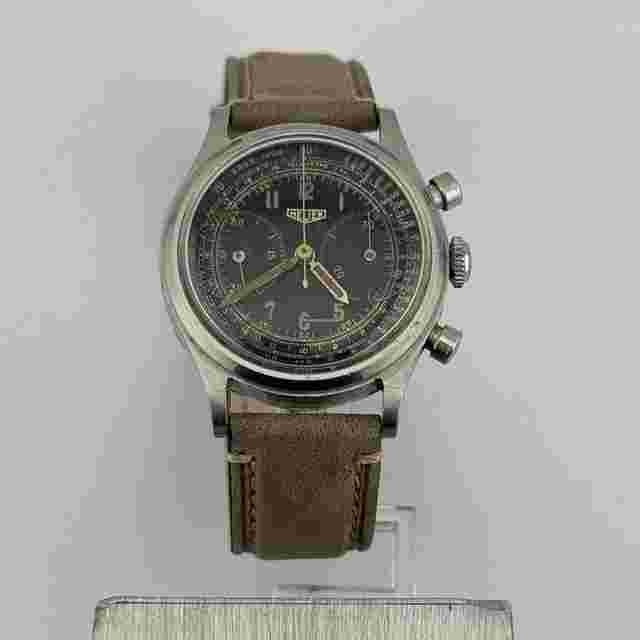 Heuer
                           
                                 Chronograph Big Eyes Gilt Dial Radium Rare Case Acier Switzerland Valjoux 23 Swiss Made