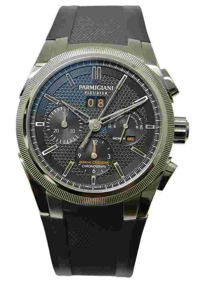 Parmigiani Fleurier Tonda
Tondagraph GT Chronograph Annual Calendar in Steel on Grey Rubber Deployant Strap with Black Dial. Limited Edition