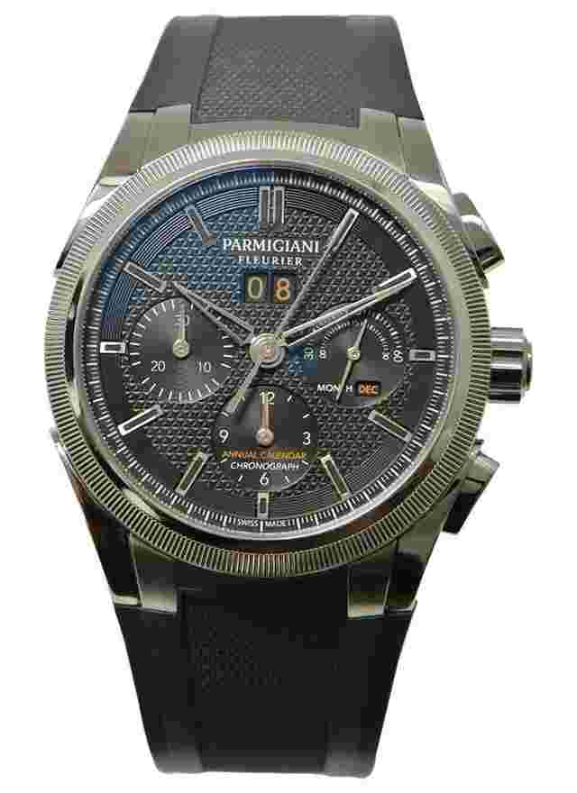 Parmigiani Fleurier Tonda
                           
                                 Tondagraph GT Chronograph Annual Calendar in Steel on Grey Rubber Deployant Strap with Black Dial. Limited Edition