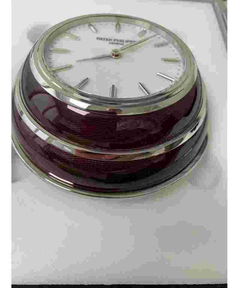 Patek Philippe Calatrava
The Hour Circle Limited Edition Steel Flinqué Enamel Clock with White Quartizite Dial