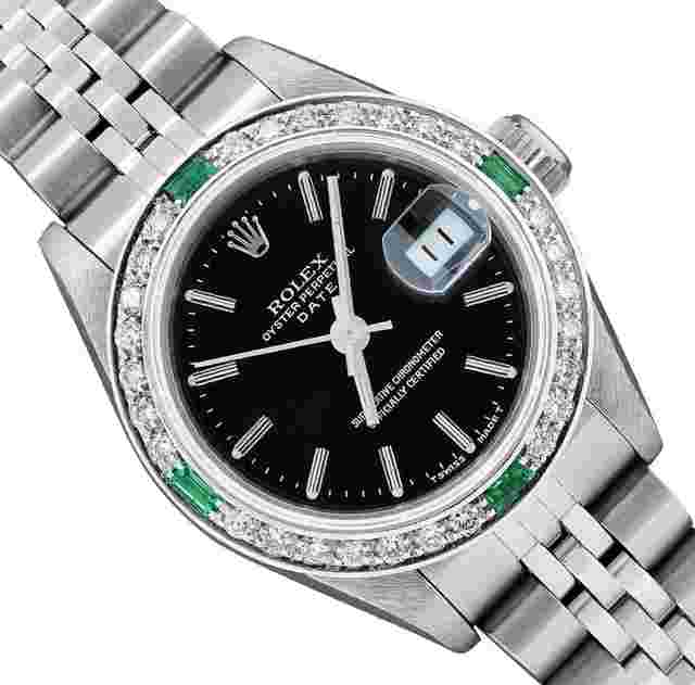 Rolex Oyster Perpetual Lady Date
                           
                                 Ladies Stainless Steel Quickset Black Dial Diamond Emerald Bezel Watch 26MM With Rolex Box