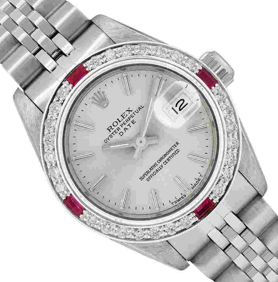Rolex Oyster Perpetual Lady Date
Ladies Stainless Steel Quickset Silver Dial Diamond Ruby Bezel Watch 26MM With Rolex Box