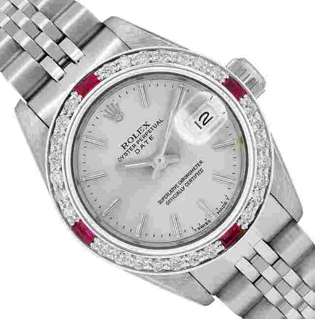 Rolex Oyster Perpetual Lady Date
                           
                                 Ladies Stainless Steel Quickset Silver Dial Diamond Ruby Bezel Watch 26MM With Rolex Box