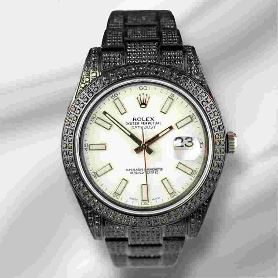 Rolex Datejust II
41mm Black IcedOut 10ct diamond White Dial Watch 116300