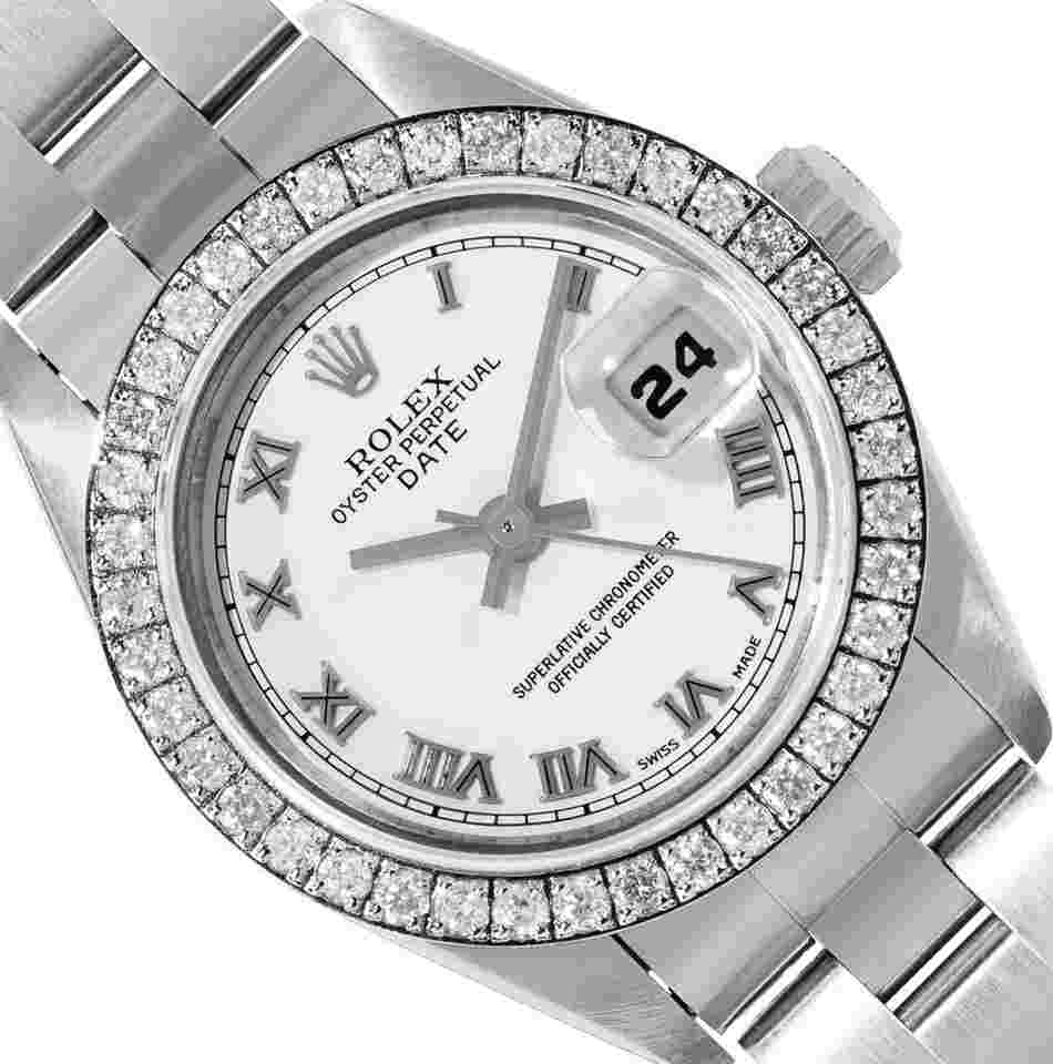 Rolex Oyster Perpetual Lady Date
Ladies Stainless Steel White Roman Dial Stainless Steel Diamond Bezel Date Wristwatch 26MM