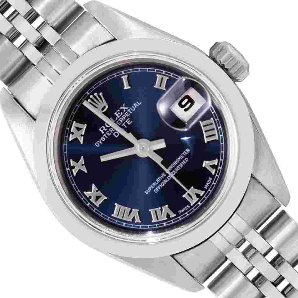 Rolex Oyster Perpetual Lady Date
Ladies Stainless Steel Blue Roman Smooth Bezel Watch With Oyster Band Jubilee Band 26MM