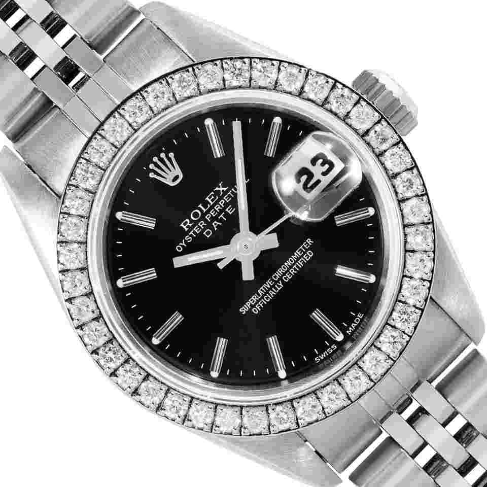 Rolex Oyster Perpetual Lady Date
Ladies Stainless Steel Black Index Dial Steel Diamond Bezel Date Wristwatch 26MM