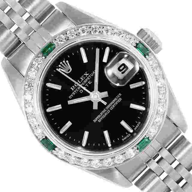 Rolex Oyster Perpetual Lady Date
                           
                                 Ladies Stainless Steel Black Index Dial Steel Diamond Emerald Bezel Date Wristwatch 26MM