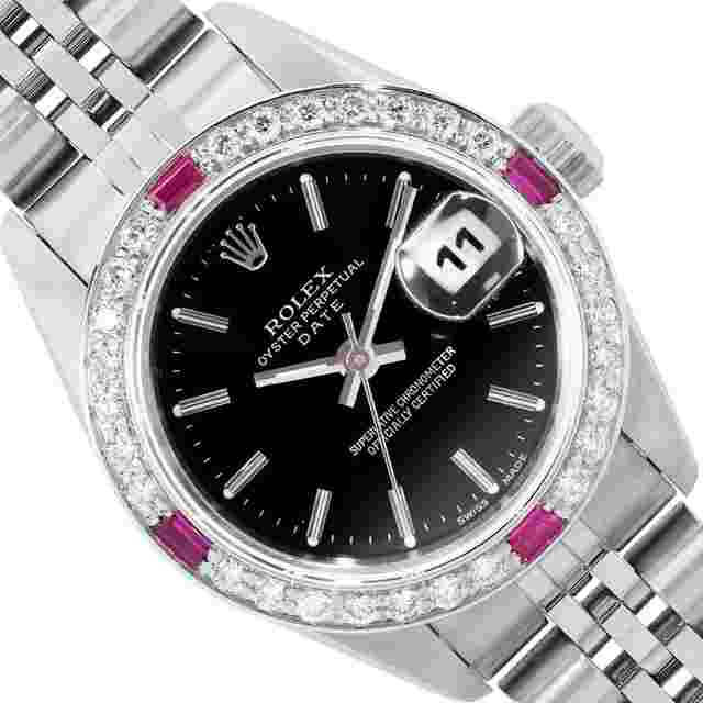 Rolex Oyster Perpetual Lady Date
                           
                                 Ladies Stainless Steel Black Index Dial Steel Diamond Ruby Bezel Date Wristwatch 26MM
