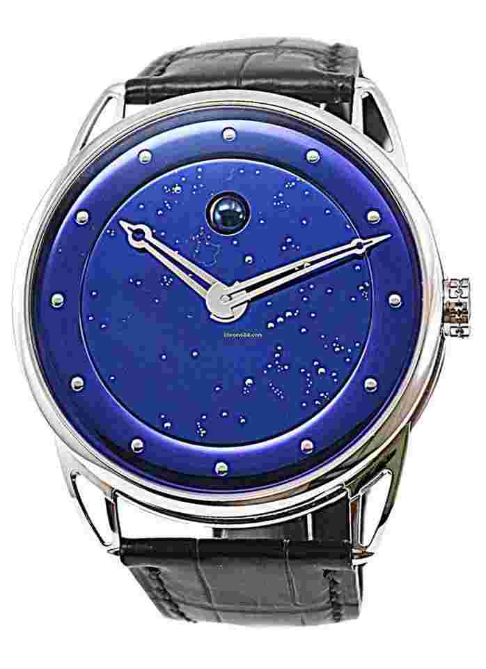 De Bethune DB25
                           
                                 Moon Phase Starry Sky in White Gold on Black Crocodile Leather Strap with star-studded sky in Blued and polished Titanium