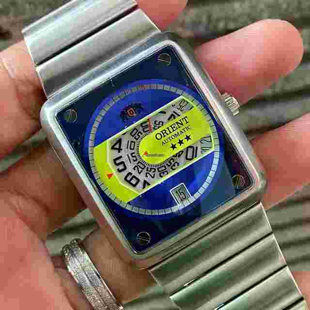 Orient
                           
                                 RARE Orient Jump Hour BIG Automatic ERAM-C0 CA Square Blue Dial Vintage Watch