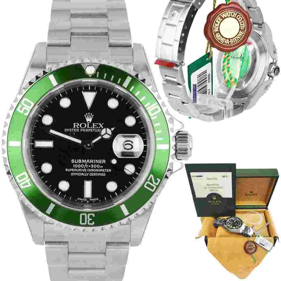 Rolex Submariner Date
                           
                                 NOS STICKERED 2003 Rolex Submariner KERMIT Green FLAT 4 F-Serial Watch 16610 LV