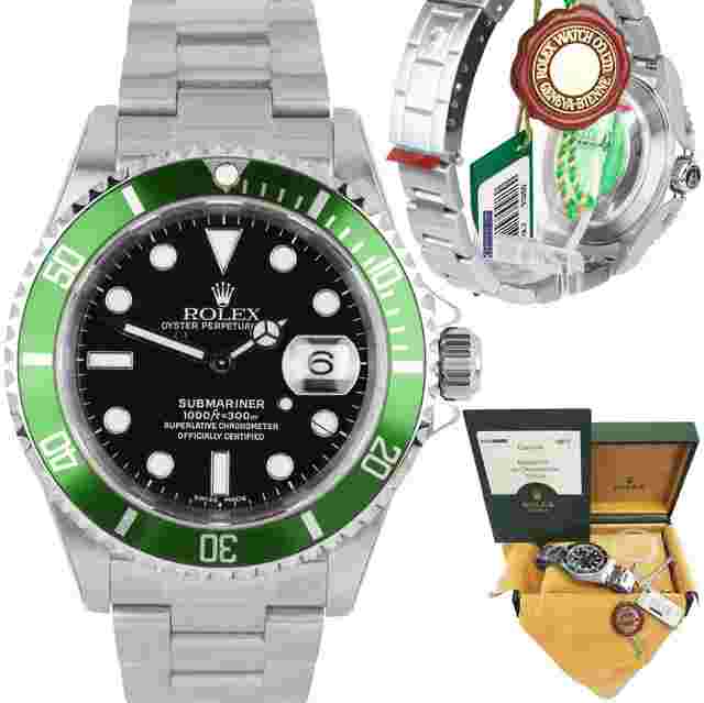 Rolex Submariner Date
                           
                                 NOS STICKERED 2003 Rolex Submariner KERMIT Green FLAT 4 F-Serial Watch 16610 LV