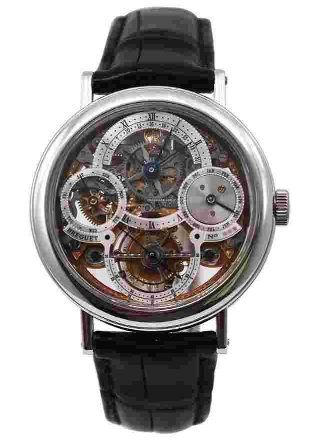 Breguet Classique Complications
                           
                                 Perpetual Calendar Tourbillon Open worked in Platinum on Black Leather Strap with Skeleton Dial - Missing Outer Box