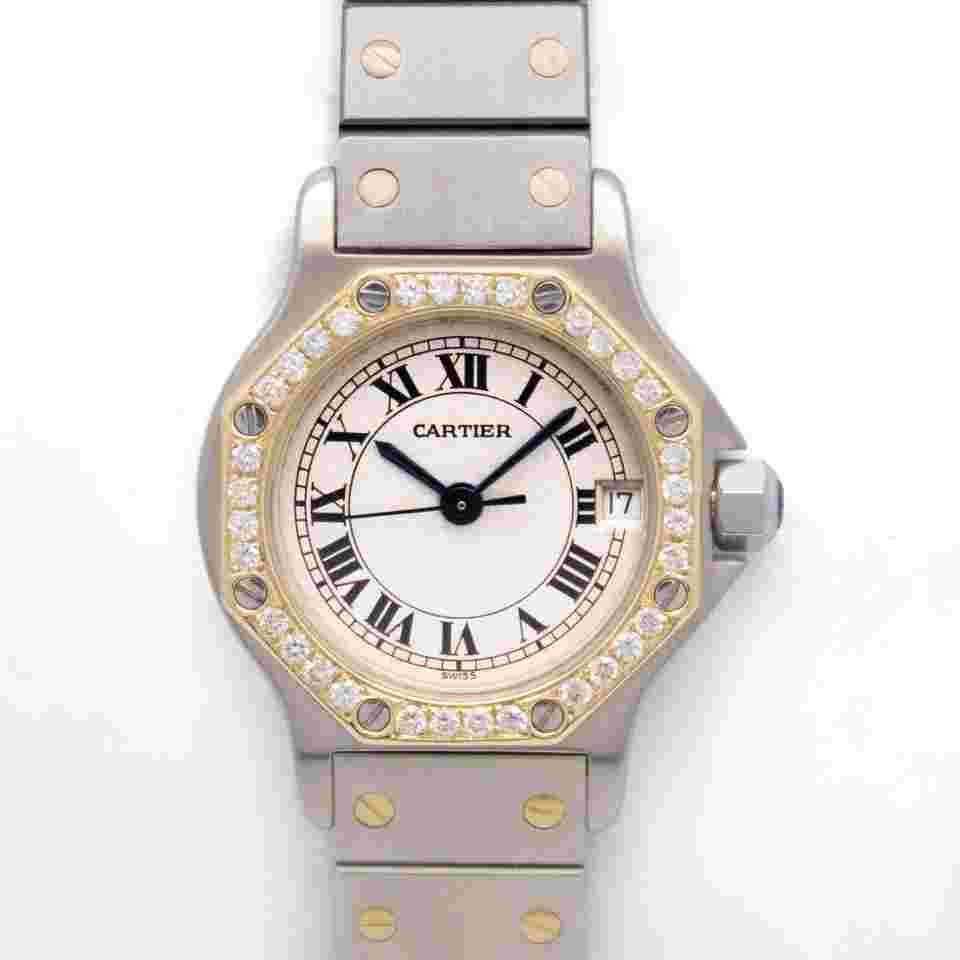 Cartier Santos
Octagon 187903 25mm Custom Diamond Bezel Silver Dial T/T Quartz 18k w.B