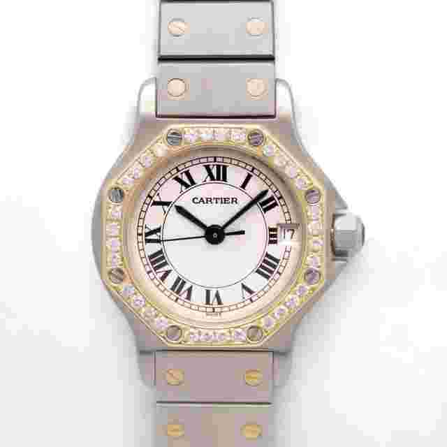 Cartier Santos
                           
                                 Octagon 187903 25mm Custom Diamond Bezel Silver Dial T/T Quartz 18k w.B