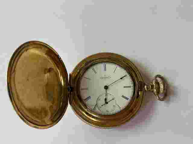 Elgin
                           
                                 Gold Filled Warranted 20Years Hunter Savonette Porcelain Dial Pocket Watch Made in USA