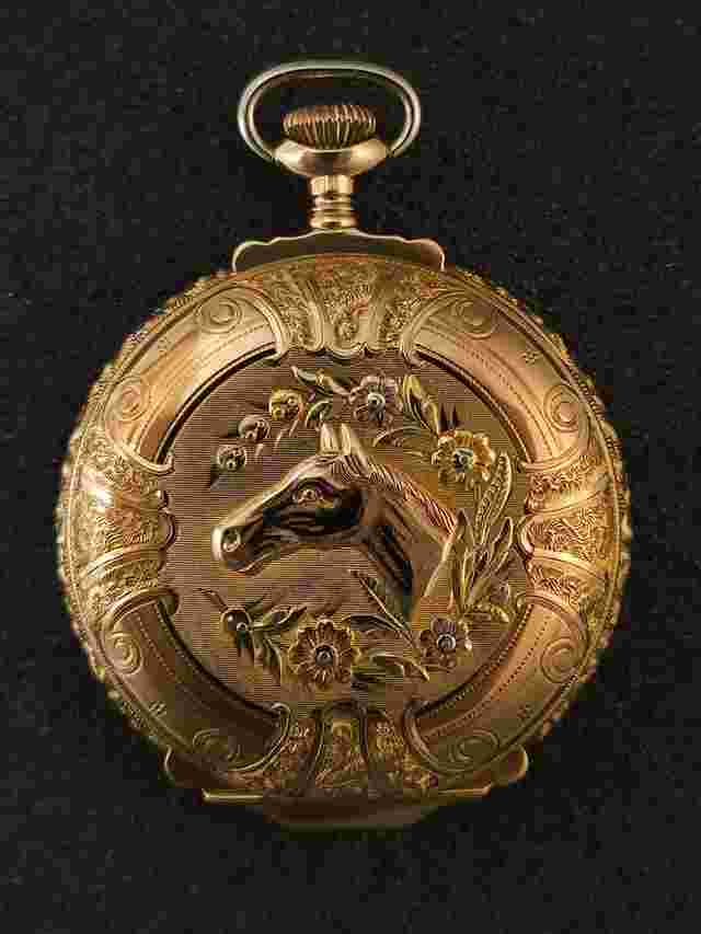 Elgin (New Old Stock 1913) B.W. Raymond (14K Box Hinge Horse & Shield)