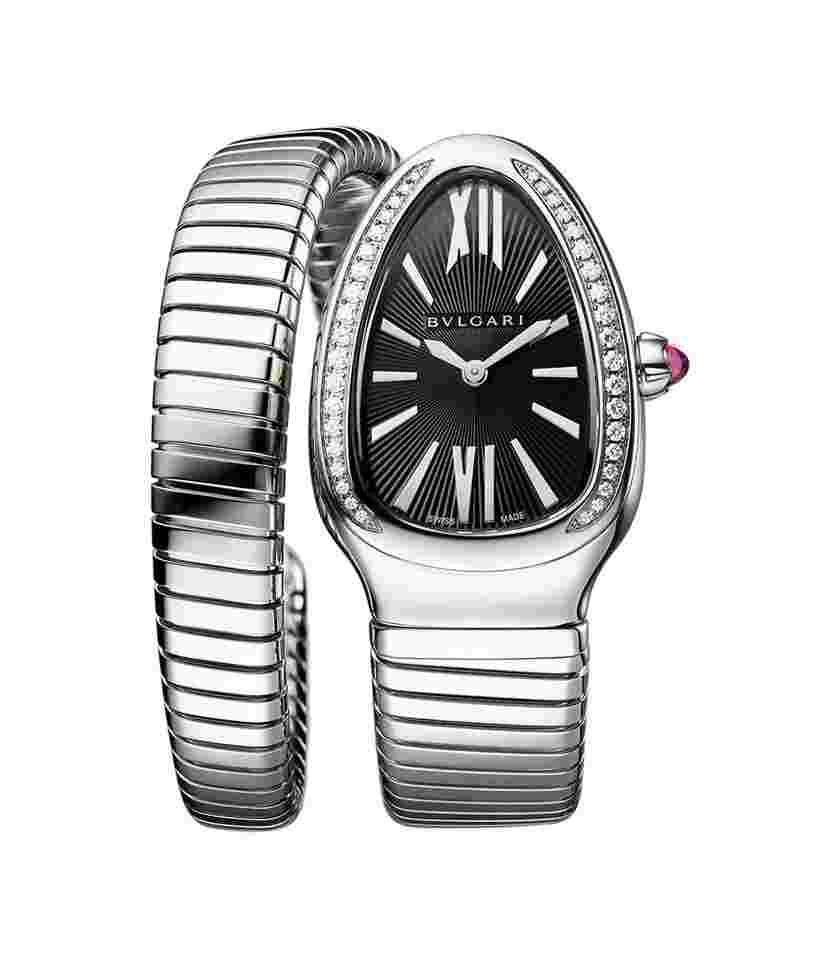 Bulgari Serpenti
                           
                                 35mm Tubogas Single Spiral Steel Diamonds Black Dial