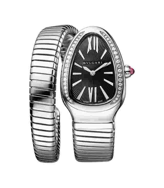 Bulgari Serpenti
                           
                                 35mm Tubogas Single Spiral Steel Diamonds Black Dial