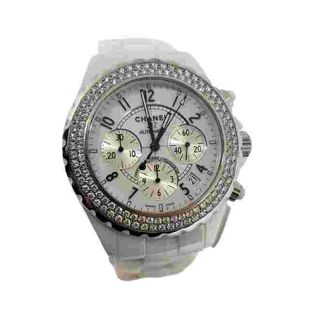 Chanel J12
                           
                                 Ladies CHANEL J12 Automatic White CERAMIC Diamond Bezel 41mm Watch Ref H1008